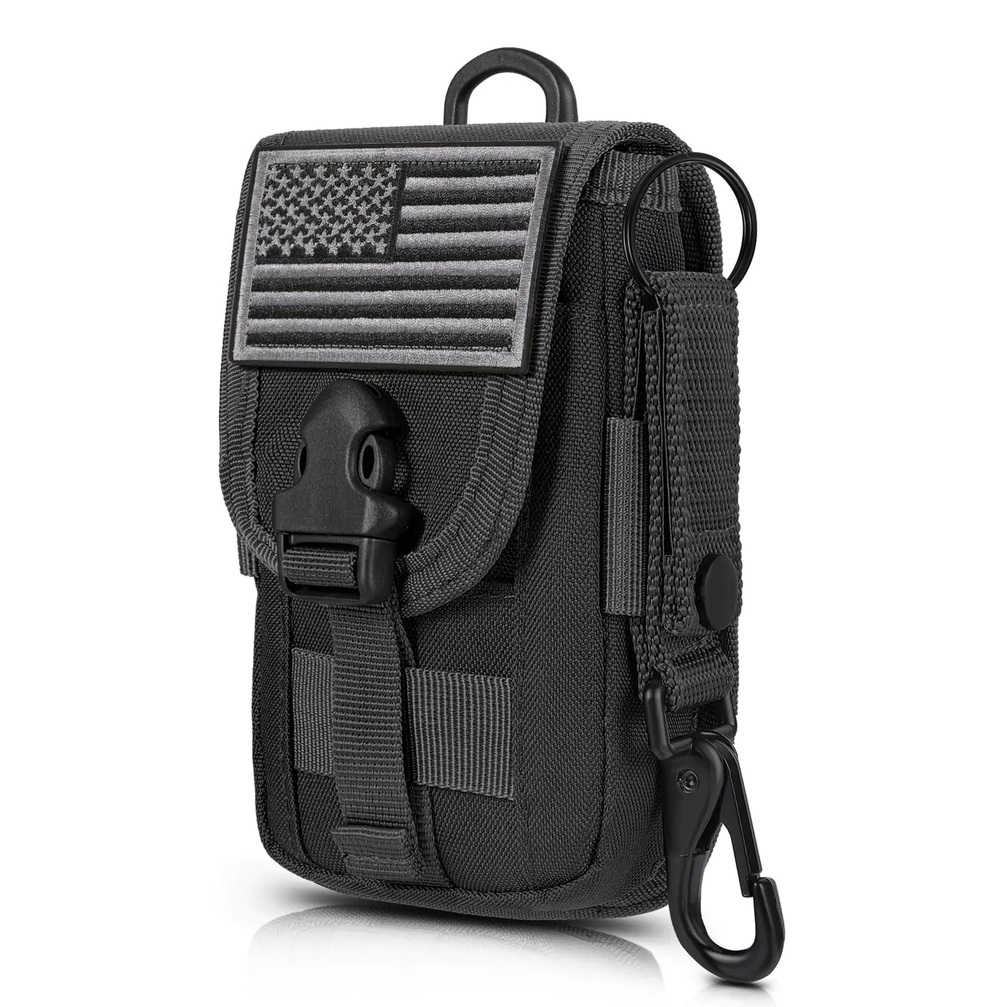 SOWHUP Tactical Molle Pouch Cell Phone Pouch Holster Small Utility EDC Pouch Gadget Organizer Bag with D-Ring Clip and U.S.A Flag Patch (Black2)