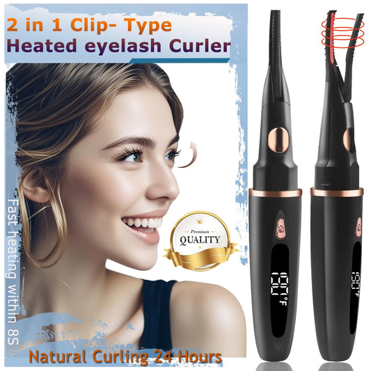 Heated Eyelash Curler - 2 in 1 Clip- Type Electric Heated lash Curler Best Seller Electric Eyelash Curler LED Display 3 Temp Settings for Makeup Tools USB Rechargeable